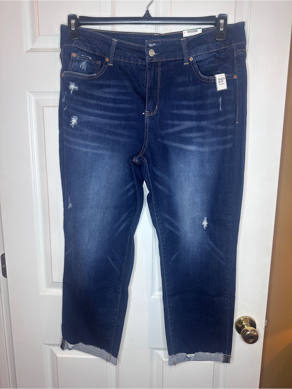 Time and Tru Dark Blue Distressed Cropped Jeans with Raw Hem